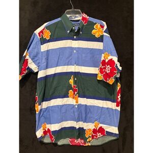 Nautica Floral Striped‎ Button Up Short Sleeve Hawaiian Shirt Large